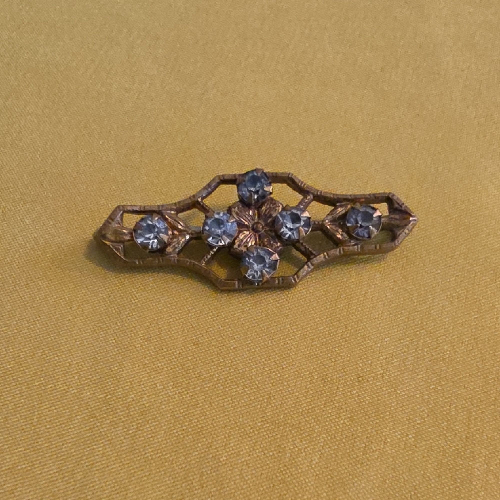 Art Deco or Nouveau Era Filigree Brooch Set w/Light Blue Round-Cut Glass Stones